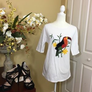 NWT ANN TAYLOR FACTORY EMBROIDERED TASSEL AND BEAD BIRD DETAIL TOP WHITE